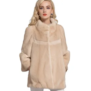 Women's Genuine Mink Fur Coat Women Solid Color Plus Size Warm Jacket 16049