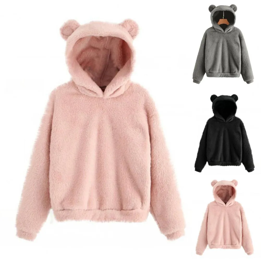 Women’s Plush Hoodie with Bear Ears - Warm Casual Winter Sweatshirt