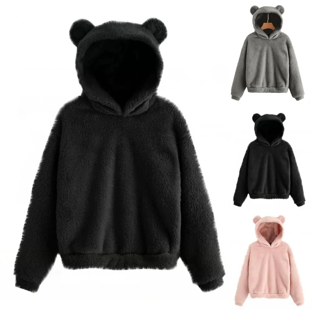 Women’s Plush Hoodie with Bear Ears - Warm Casual Winter Sweatshirt