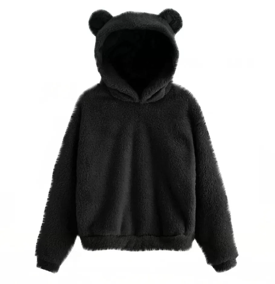 Women’s Plush Hoodie with Bear Ears - Warm Casual Winter Sweatshirt