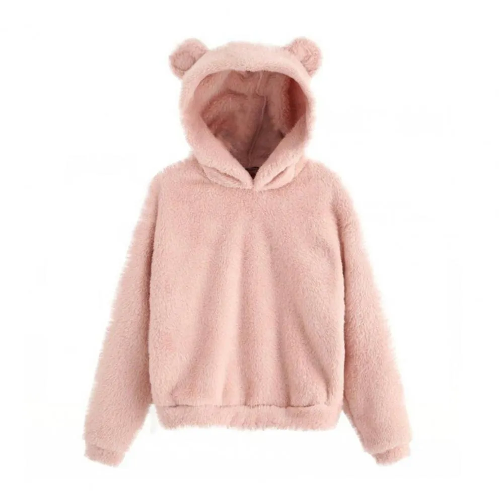 Women’s Plush Hoodie with Bear Ears - Warm Casual Winter Sweatshirt