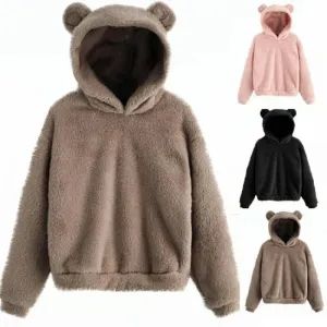 Women’s Plush Hoodie with Bear Ears - Warm Casual Winter Sweatshirt