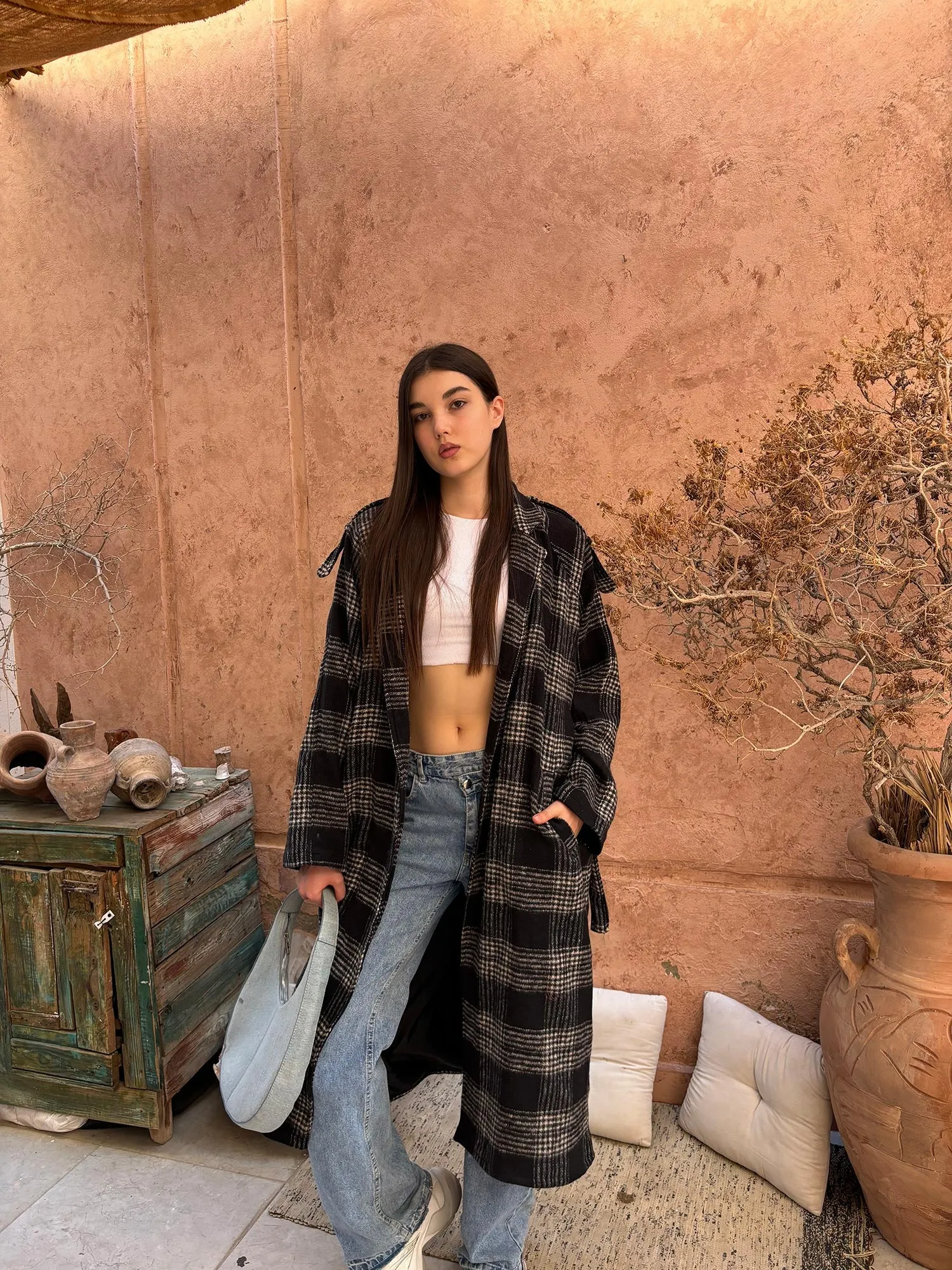 Wool Checked Belted Trench Coat - Leocansa