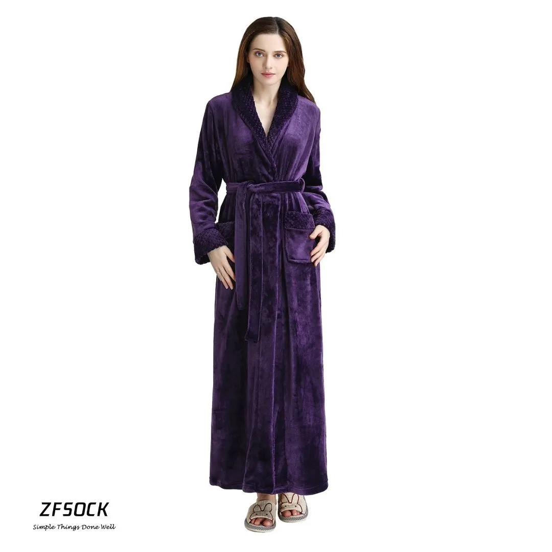 ZFSOCK Classic Unisex Long Flannel Dressing Gown Bathrobe for Men and Women