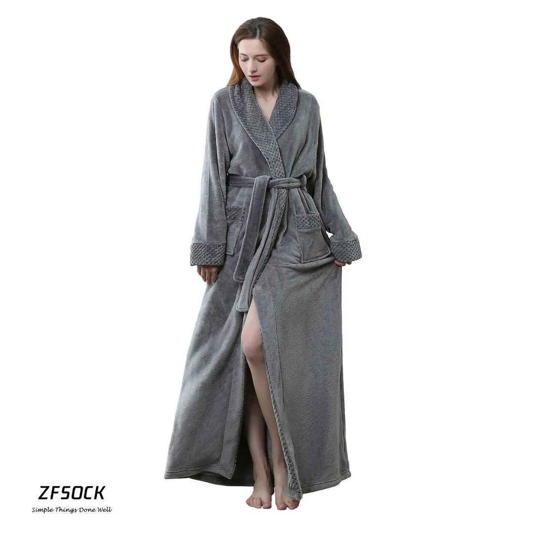 ZFSOCK Classic Unisex Long Flannel Dressing Gown Bathrobe for Men and Women