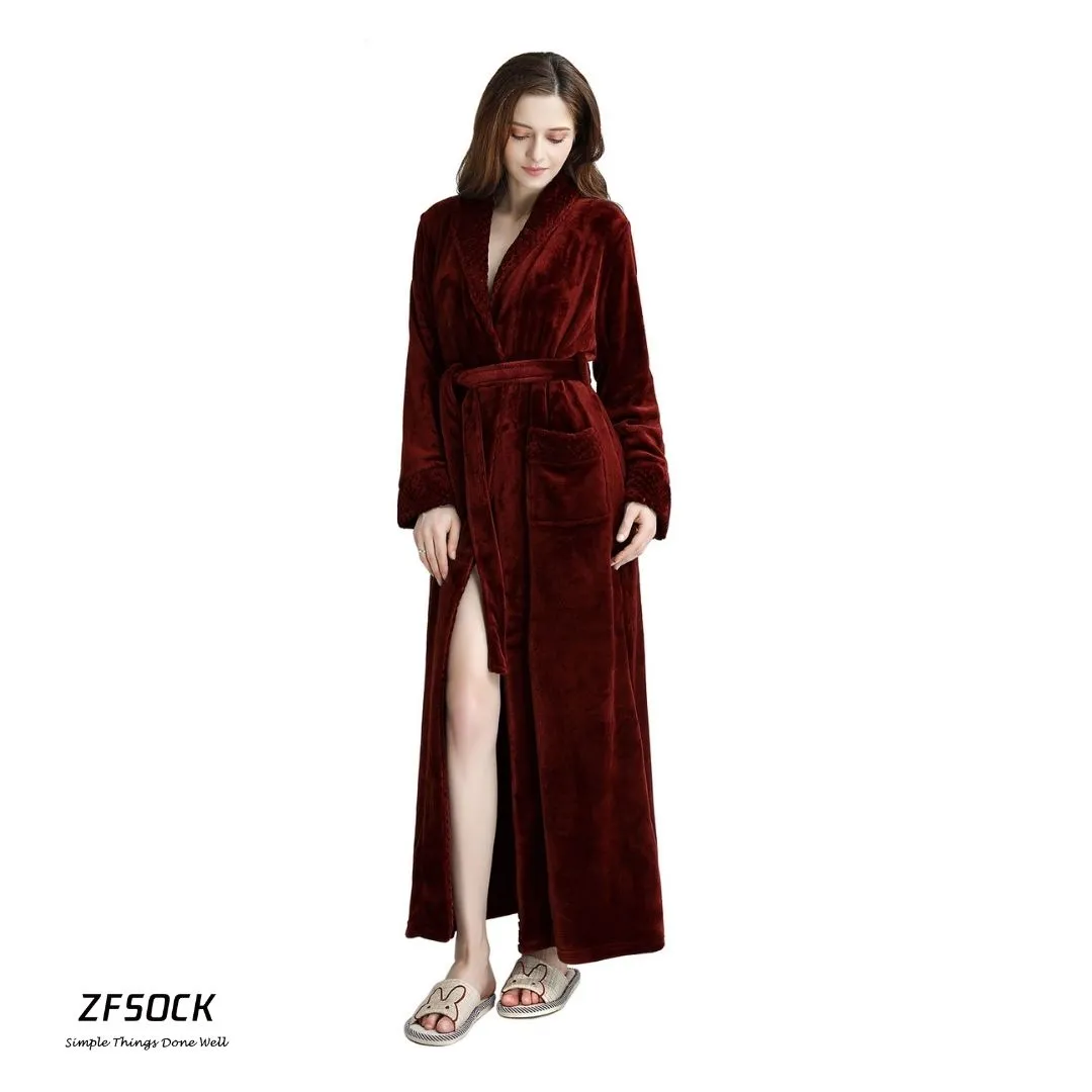 ZFSOCK Classic Unisex Long Flannel Dressing Gown Bathrobe for Men and Women